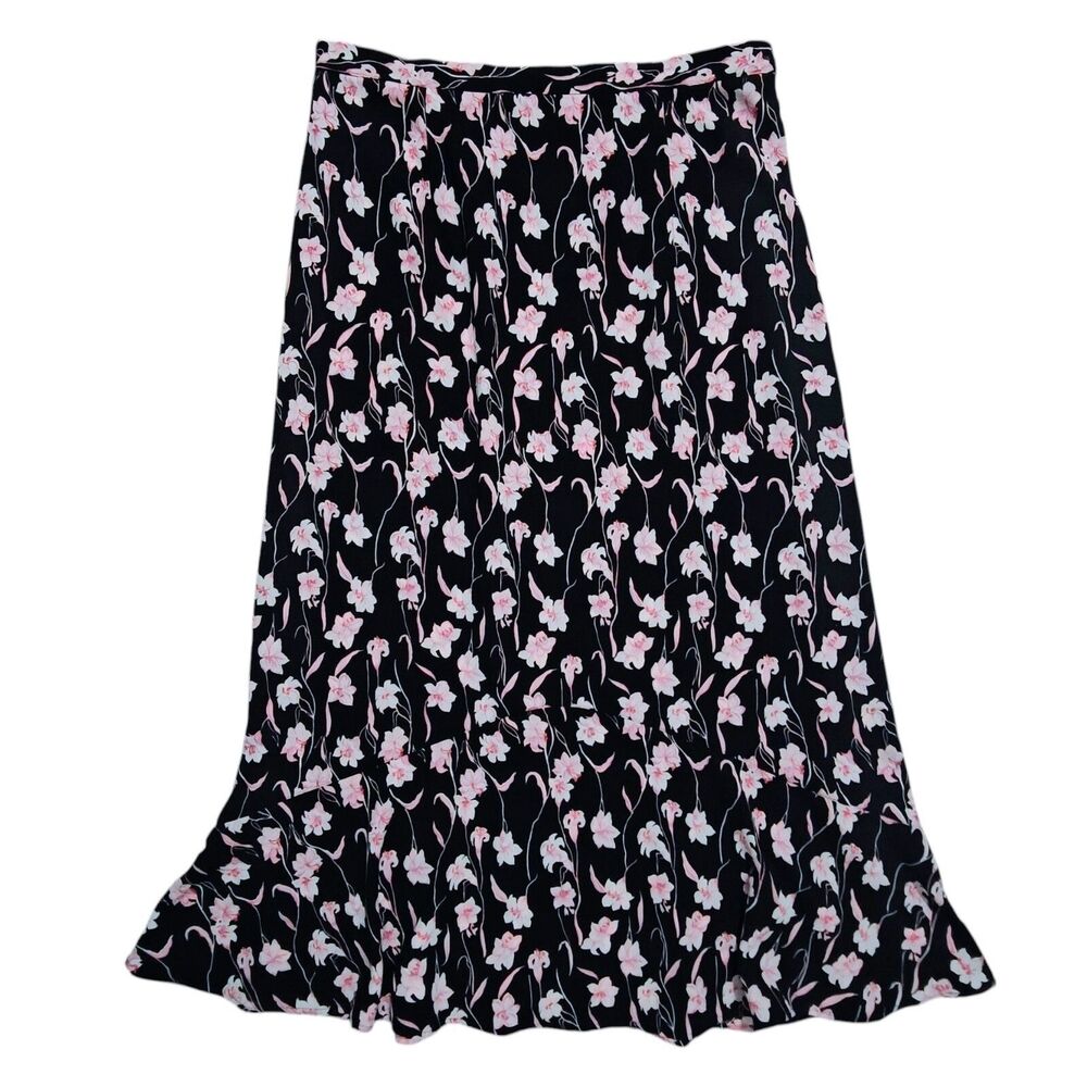Vintage 90s Midi Skirt 16 XL Lilies Floral Black Pink Flared Whimsigoth Long